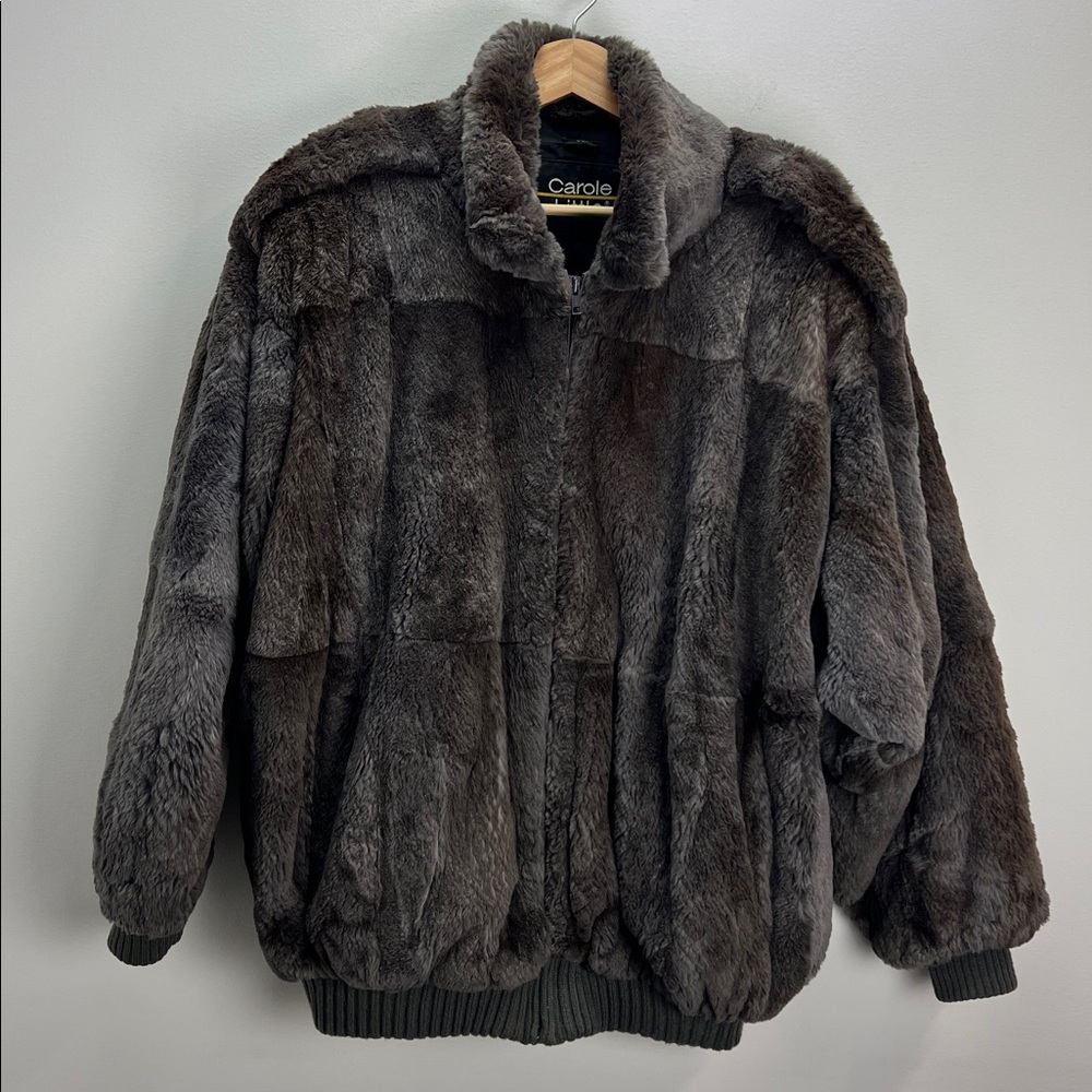Vintage Carole Little Rabbit Fur Bomber Jacket Large Oversized Coat Luxury